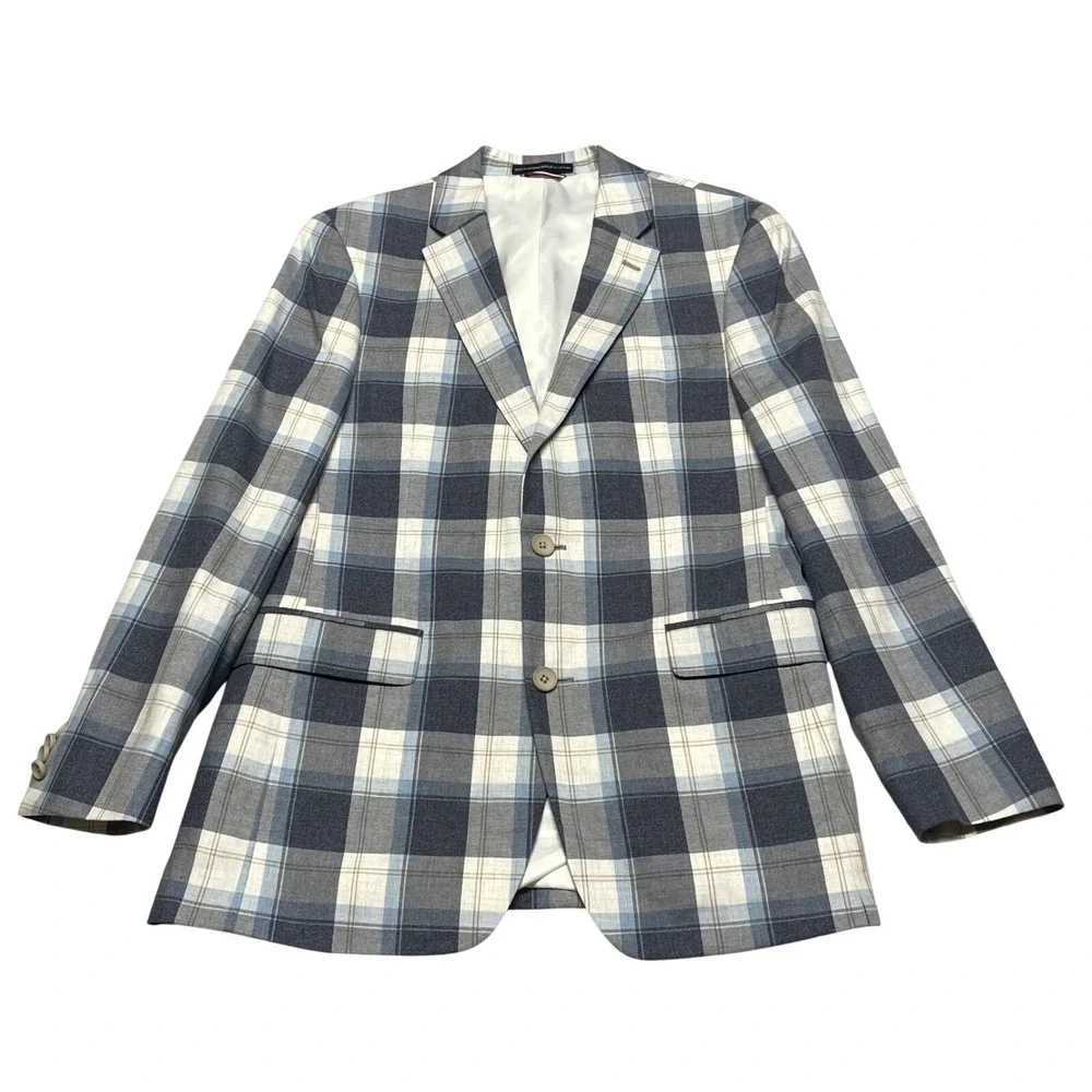 Tommy Hilfiger Mens Blazer 38R Blue Plaid Cotton Two Button‎ Sport Coat